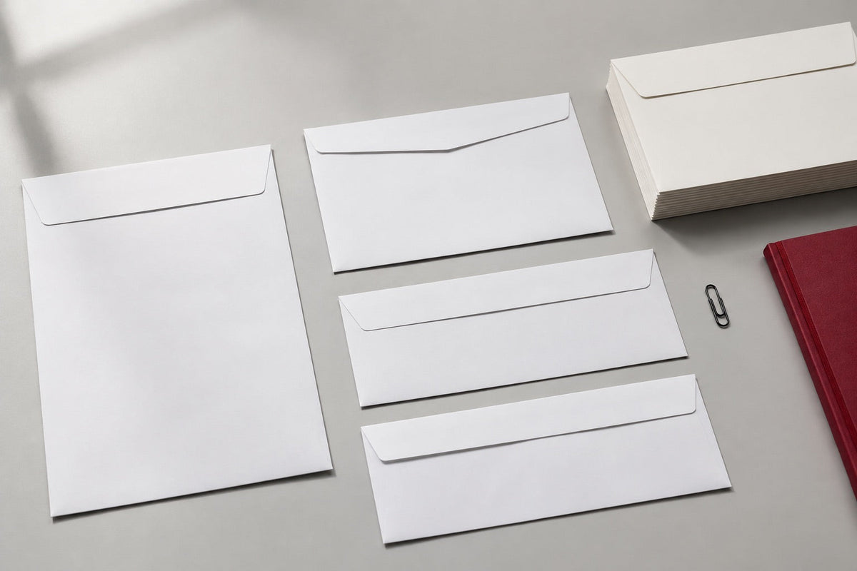Weiße Briefumschläge in unterschiedlichen Formaten; illustrative Darstellung