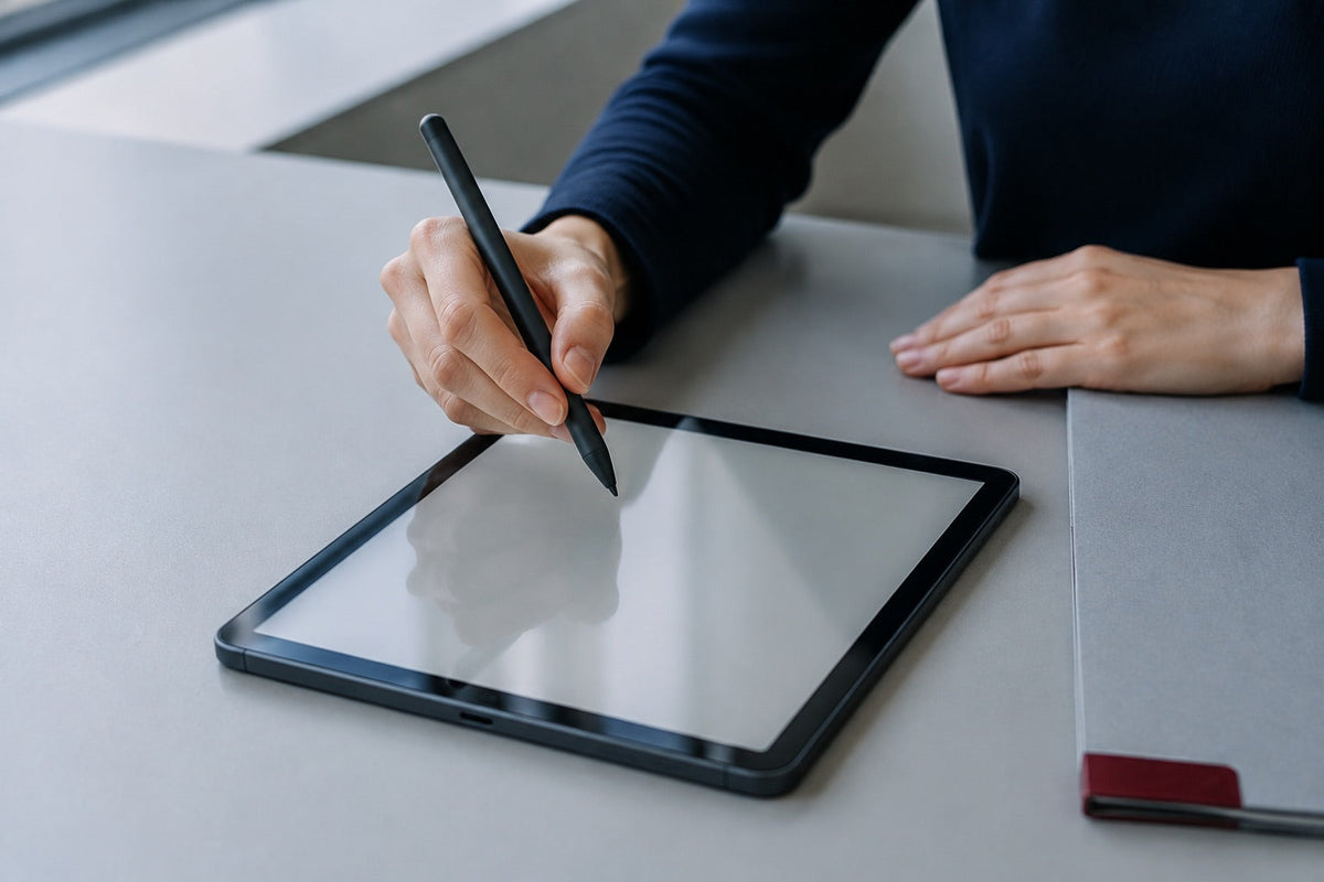 Eine Hand hält einen Eingabestift über ein Tablet auf einem Schreibtisch; KI-generierte Themenillustration