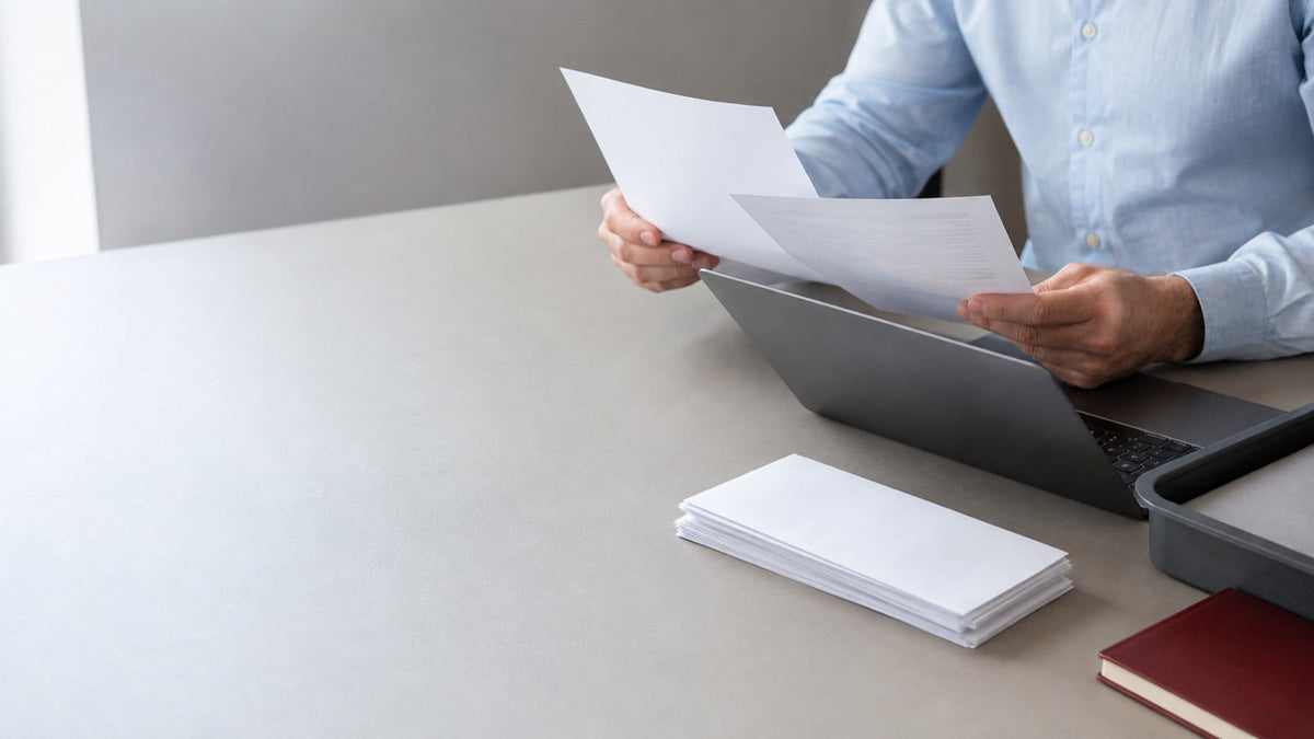 Hände vergleichen Dokumente an einem Arbeitsplatz mit Laptop und Briefumschlägen; KI-generierte Themenillustration