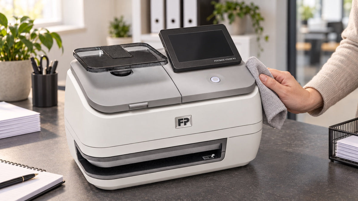 Äußere Pflege einer PostBase Vision M2 mit einem weichen Tuch; KI-generierte Szene auf Basis einer FP-Aufnahme