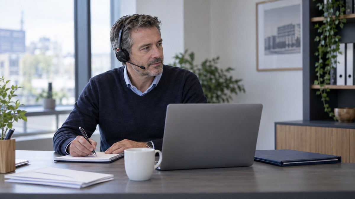 Person mit Headset und Notizbuch in einer illustrativen Supportsituation; KI-generiert